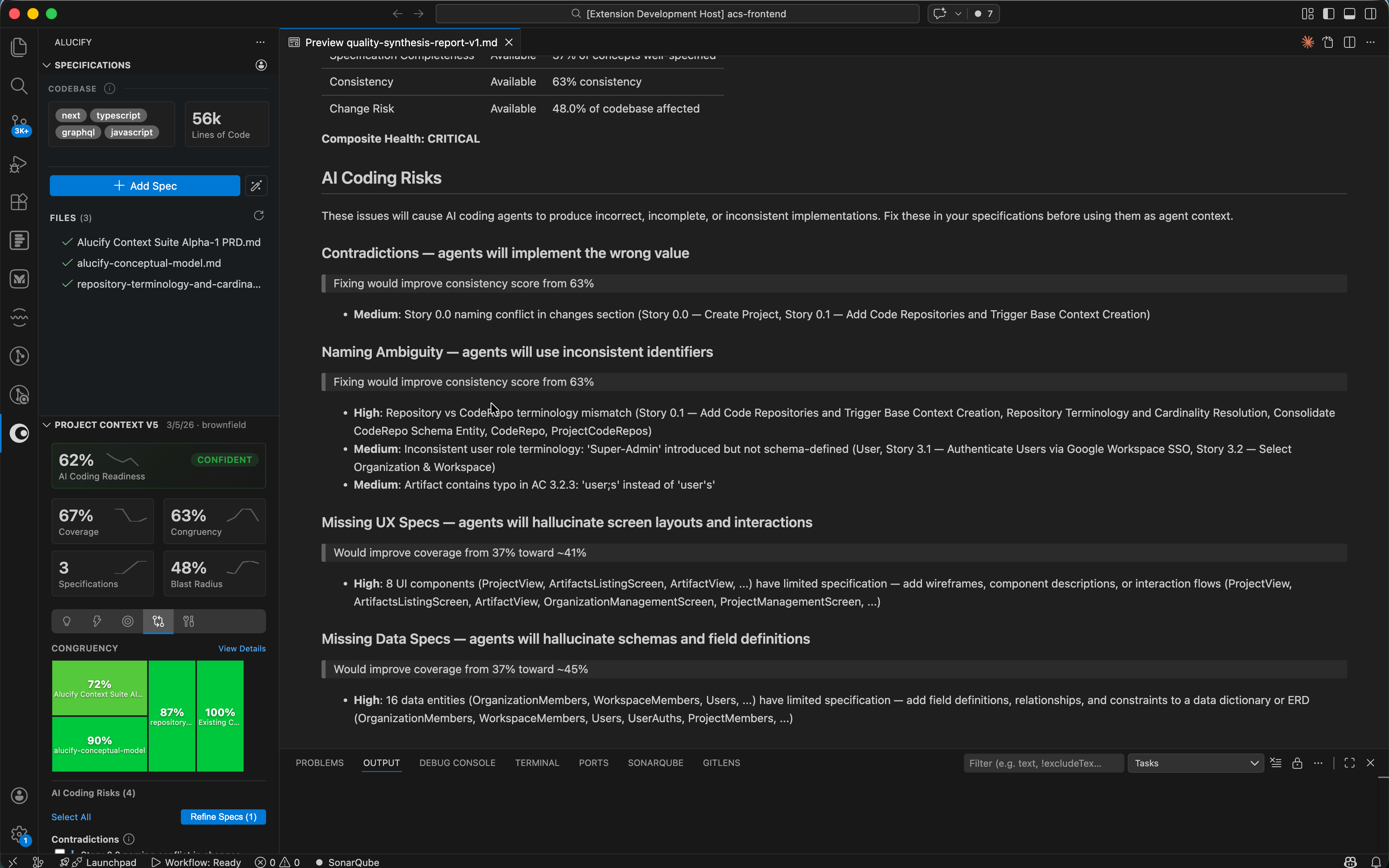 Alucify extension showing AI Coding Risks report with readiness metrics